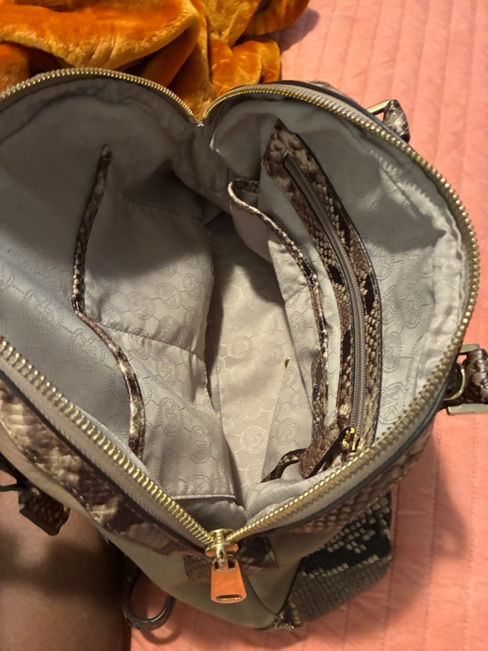 Michael Kors Olive Green Satchel with Snake-Print Trim - Picture 5 of 8